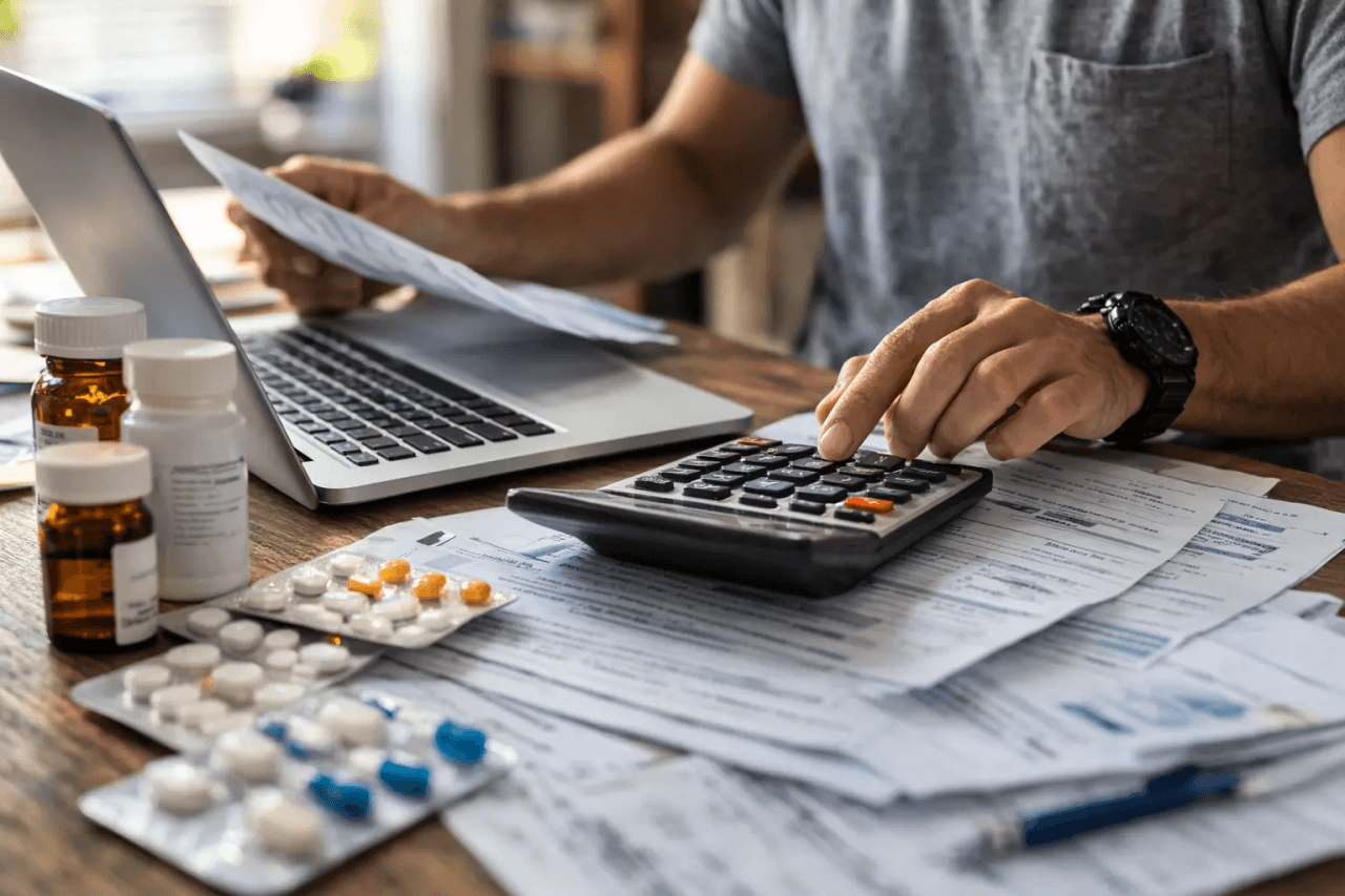 Személy orvosi számlákat számol egy íróasztalnál, gyógyszerdobozok és számlák között