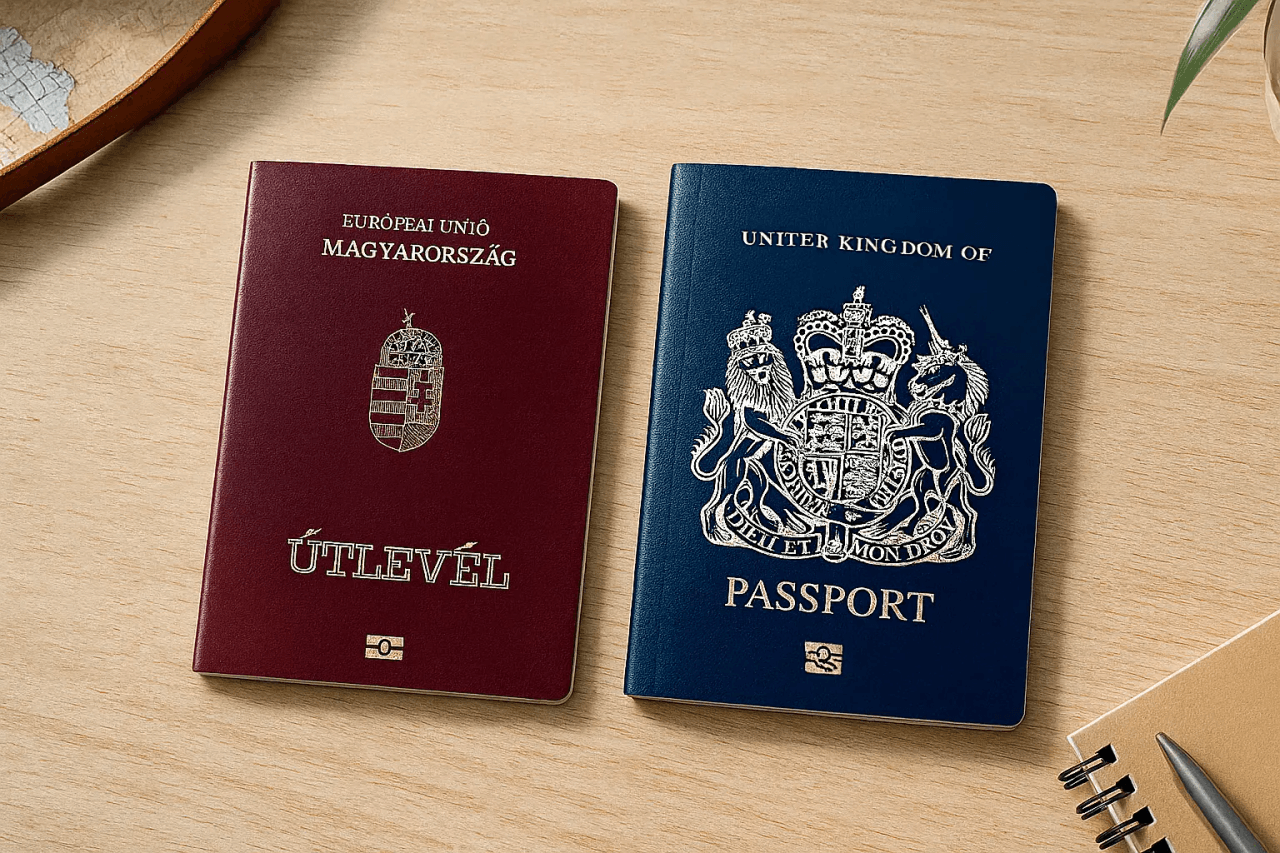 Magyar és brit útlevél egy asztalon, kettős állampolgárság jelképeként
