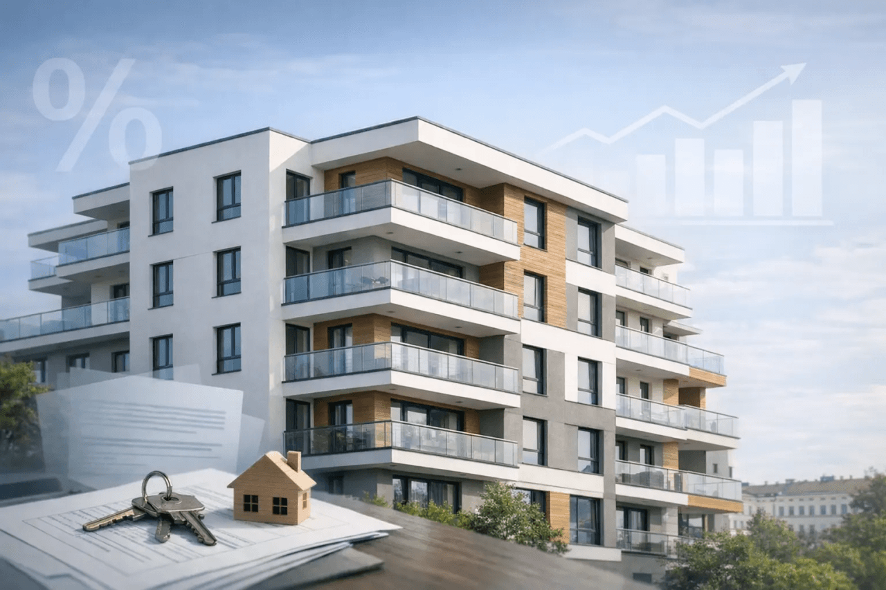 Modern társasház kulcsokkal és lakáshitel-dokumentumokkal az előtérben