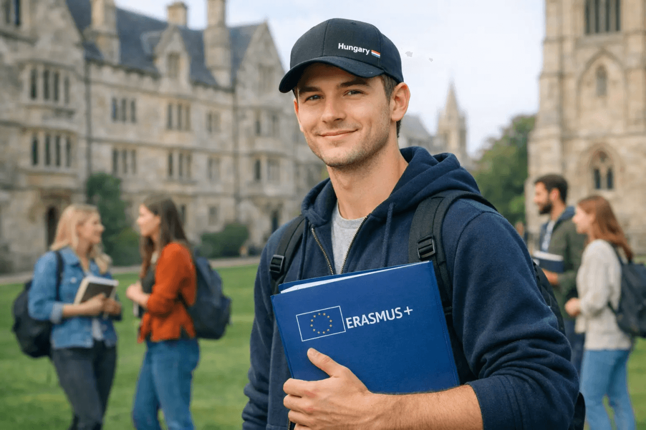 Fiatal férfi hátizsákkal és Erasmus+ mappával egy egyetemi campuson