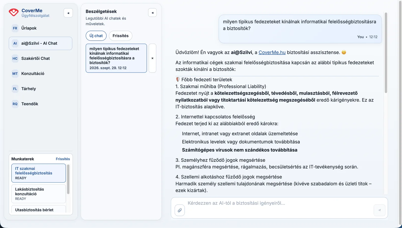 Kérdezd az AI asszisztenst – a CoverMe online munkatér képernyője