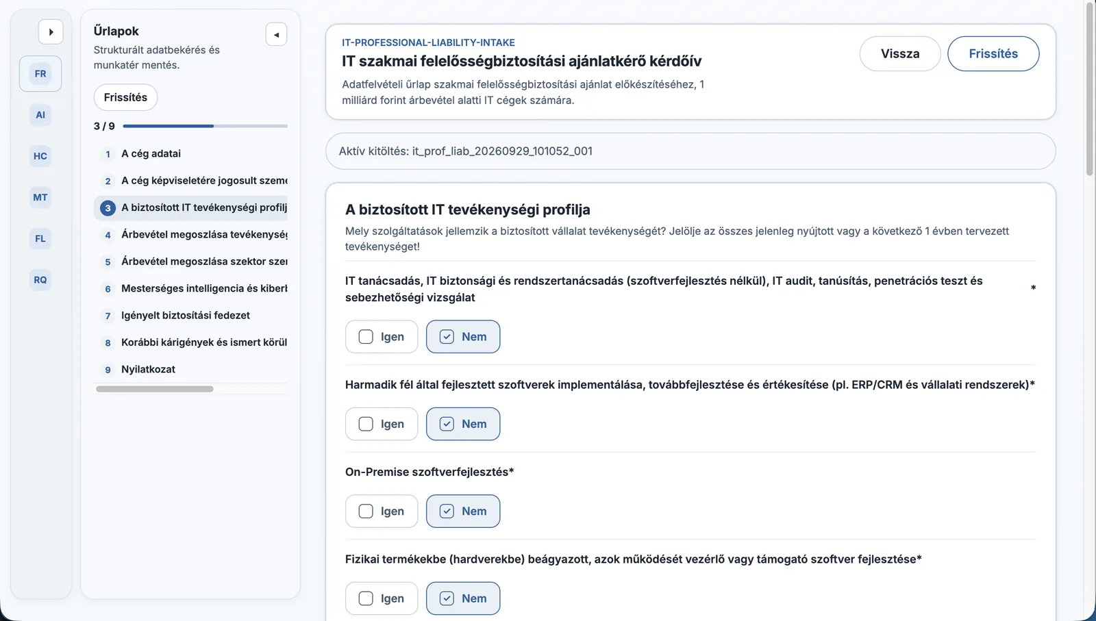 Válaszolj a kockázati kérdésekre – a CoverMe online munkatér képernyője